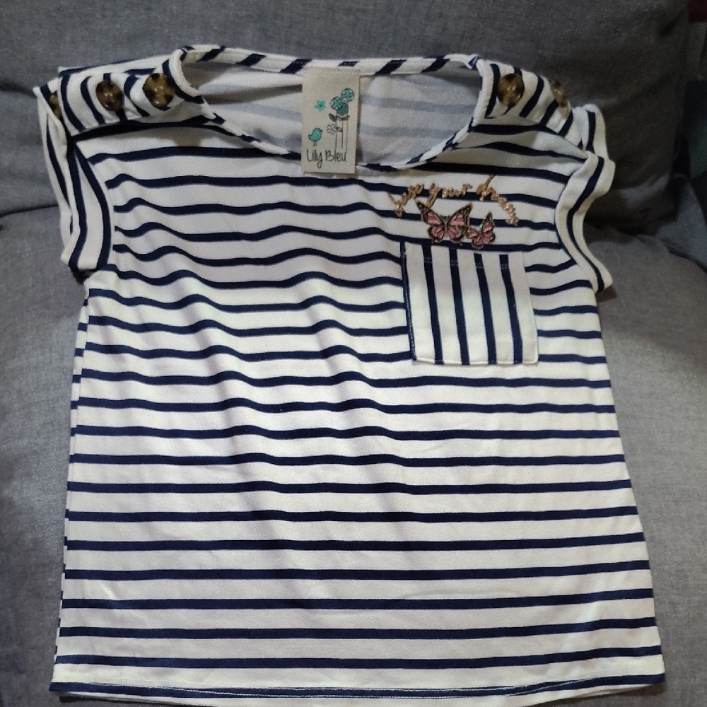 Lily Bleu Navy and White Striped Tee with Butterfly Detail